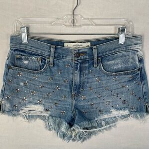 Abercrombie & Fitch Light Wash Embellished Denim Shorts - Blue